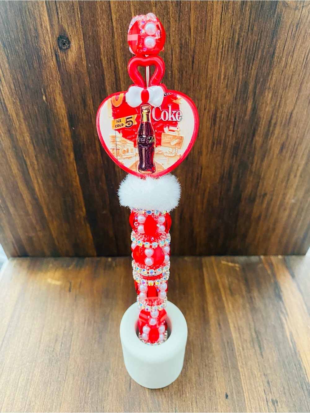 New Coca-Cola Red and White Beaded Heart Charm Pen
